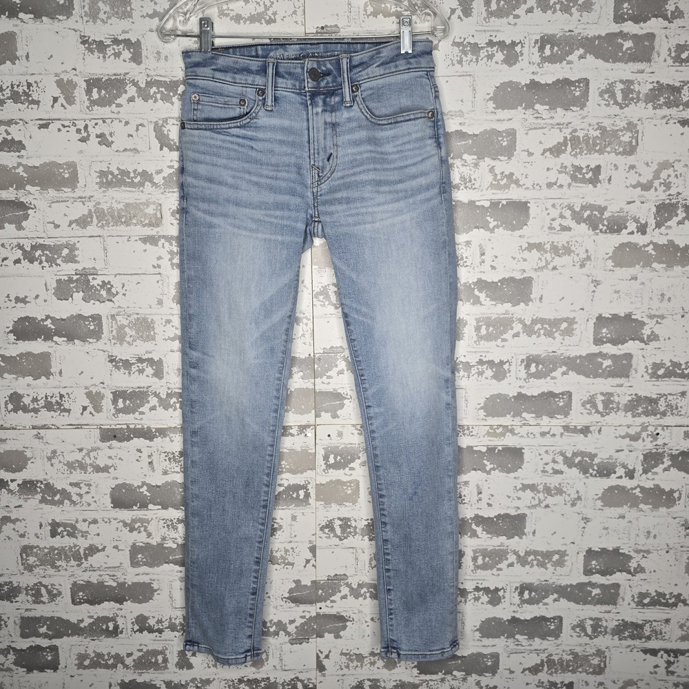 American Eagle Jeans Mens 28x29 Skinny Light Blue Wash Stretch Denim Whiskering